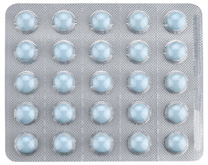 Round blue tablets in a blister pack isolated on a transparent background. Top view.