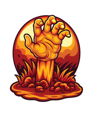 A decaying zombie hand bursts from cracked earth, clawing upwards;  grit and soil cling to its rotting flesh.