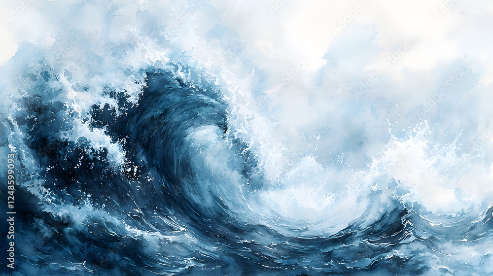 Poster raging ocean waves crashing against each other with turbulent white foam and splashes.