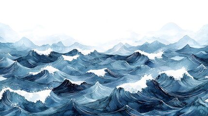 Ocean waves crashing against each other under a serene blue sky backdrop with misty mountains in distance.
