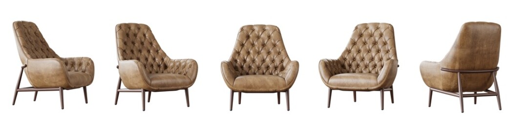 Tufted leather armchair set isolated on transparent background. 3D render.