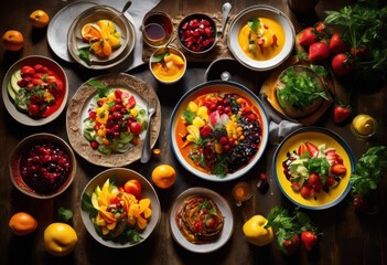 colorful mouthwatering food arrangements vibrant plates featuring fresh ingredients eye catching presentation culinary delight, appetizer, banquet, brunch