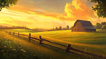 Obraz premium A serene rural landscape with rolling green fields, a wooden fence, and a peaceful farmhouse under a bright blue sky with soft clouds.