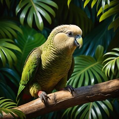 Obraz premium A lush jungle with a bright green parrot nestled among ferns and flowers.