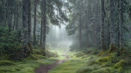 Obraz premium Serene forest pathway shrouded in mist, with sunlight filtering through dense trees, inviting exploration and tranquility