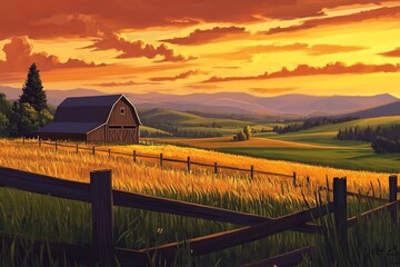 A serene rural landscape with rolling green fields, a wooden fence, and a peaceful farmhouse under a bright blue sky with soft clouds.

