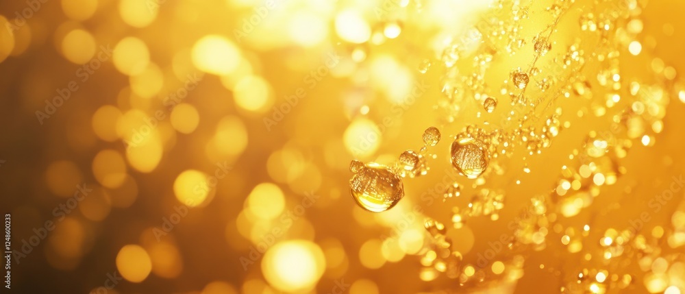 Poster glimmering droplets on a golden background with bokeh effect