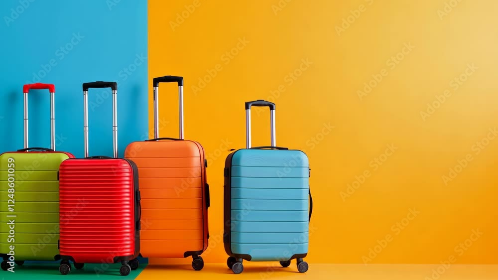 Poster row of colorful suitcases are lined up on a bright orange background. the suitcases are of different