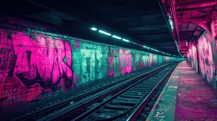 Fototapeta premium Neon-lit subway tunnel, graffiti art, urban scene, night