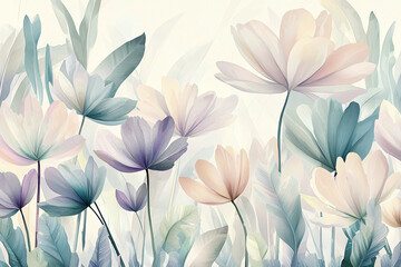 Soft pastel floral arrangement with delicate details, featuring lilies and leaves in shades of pink, blue, and purple..