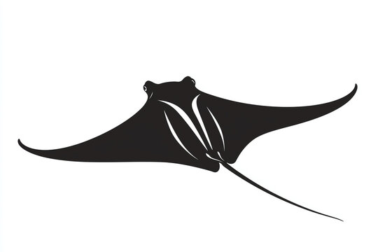 A black, silhouette of a stingray flying through the water, with two small details on its head..