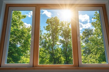 Fototapeta premium Sunlight Streams Through Window, Illuminating Lush Green Trees Outdoors on a Bright Day