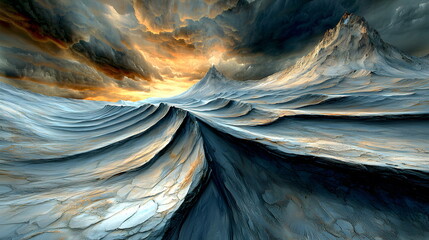 Majestic landscape of dramatic mountains and textured ice formations under a vibrant sunset sky.