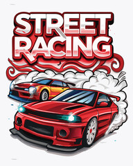 Create a vibrant graffiti-style vector illustration depicting a thrilling street racing scene at night, emphasizing speed, danger, and urban grit.