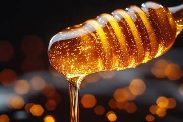 Close-up of honey dripping from a wooden dipper, with sparkling bokeh background creating a warm, inviting atmosphere