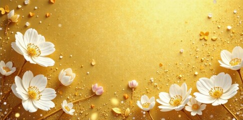 Opulent gold background; delicate white flowers, gilded details, fine art print, golden, modern art