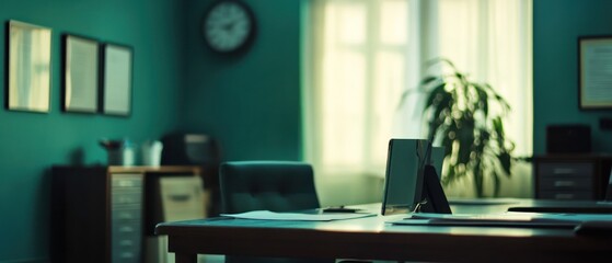 Modern office interior with desk, tablet, and greenery