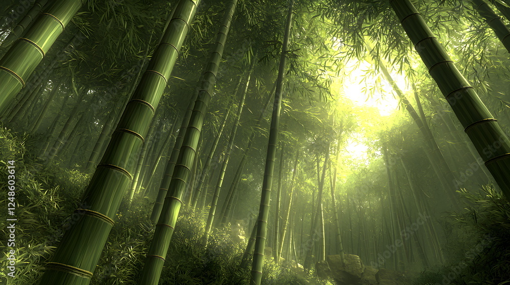 Poster bamboo forest with sunlight filtering through tall trees creating a serene atmosphere.