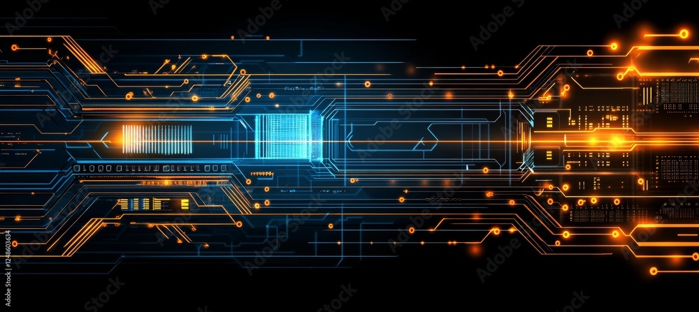 Poster abstract technology background with glowing circuit board, microchip, and data transfer concept