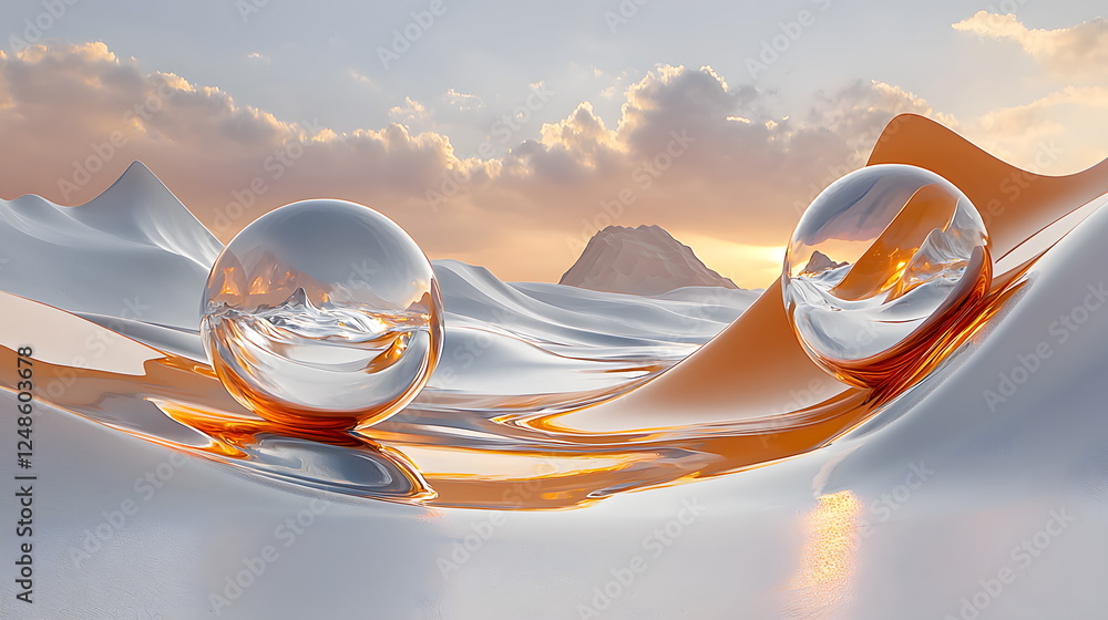 Aufkleber reflective spheres on a smooth surface with a warm sunset backdrop and soft clouds