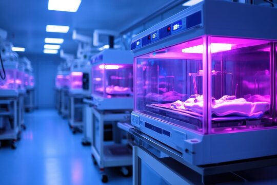 Neonatal incubators illuminated with soft lights in a modern healthcare facility. Generative AI