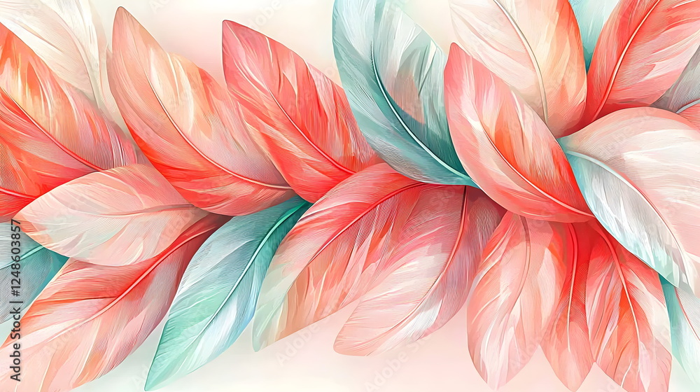 Poster colorful feather-like leaves arranged in a beautiful overlapping pattern with a soft gradient backgr