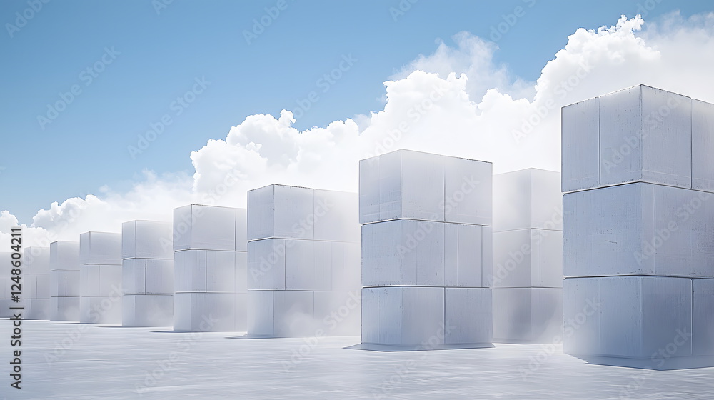 Poster white blocks stacked in rows under a bright blue sky with fluffy clouds.