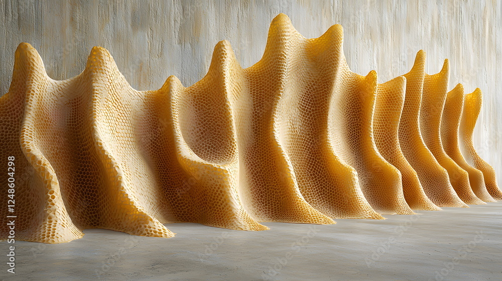 Poster wavy honeycomb texture creating an abstract and organic sculptural form against a minimaic backdrop.