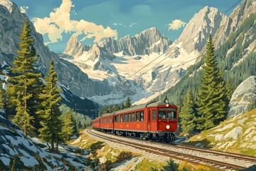 Retro train journey, mountain valley, glacier backdrop, travel poster