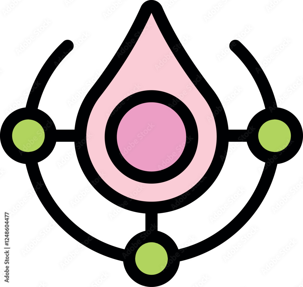 Poster pink drop shape connecting green circles, creating an abstract and futuristic symbol