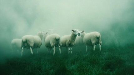 Fototapeta premium Misty Foggy Field Sheep Flock