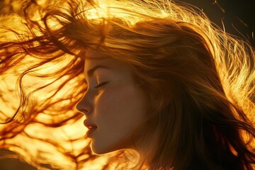 close-up portrait of model with cascading copper hair in motion, backlit by golden hour sunlight creating ethereal glow