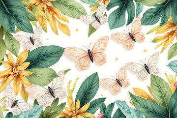 Pastel Butterflies and Tropical Leaves on White – Soft and Elegant Botanical Illustration