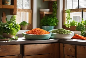 vibrant colorful pet food setup featuring bowls fresh ingredients wholesome dining experience, dog, cat, dishes, healthy, meals, nutritious, organic, nutrition