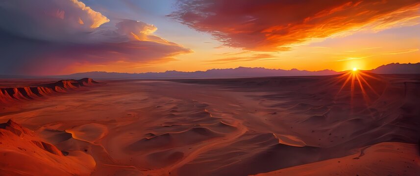 A breathtaking oil painting illustrating a vivid sunset casting warm colors over the sprawling American desert illuminating vast horizons. Extremely detailed high resolution illustration.