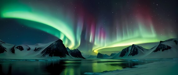 A breathtaking image of auroras shimmering in the night sky their ethereal glow painting whimsical landscapes across the Arctic horizons. Extremely detailed high resolution illustration.