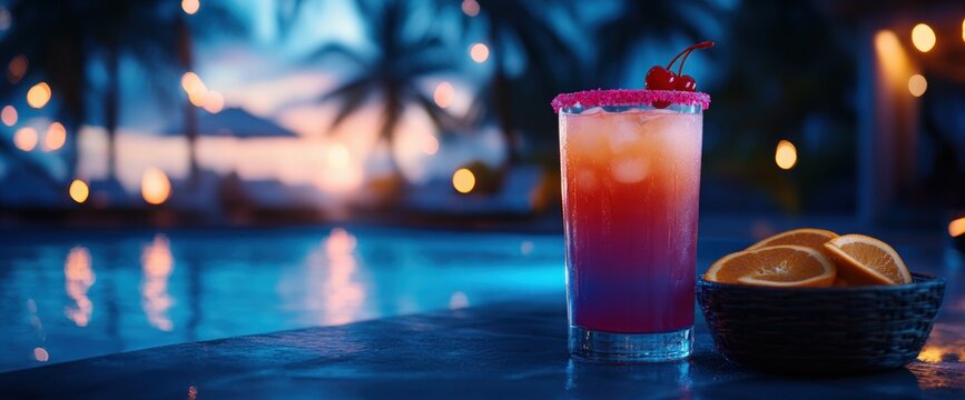 Sunset cocktail by poolside, tropical resort