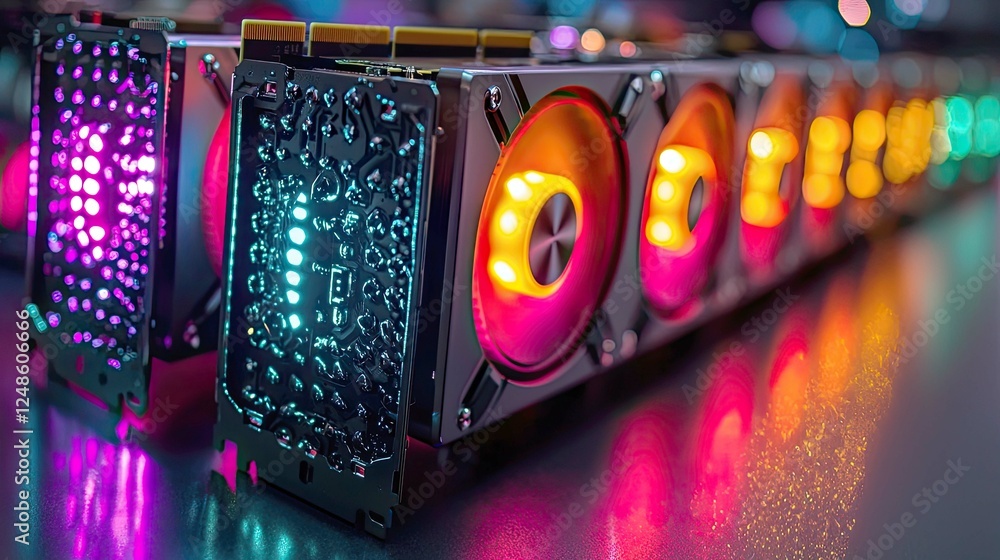 Poster close-up view of multiple graphic cards with vibrant rgb lighting. high-tech computer hardware, show