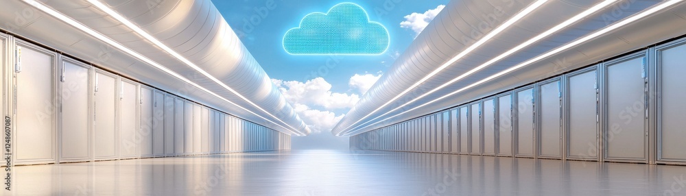 Aufkleber a futuristic data center with cloud technology visualizations, featuring bright lighting and rows of