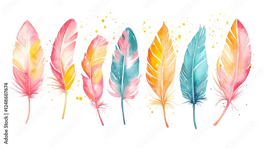 Poster colorful watercolor feathers arranged neatly in a row pattern