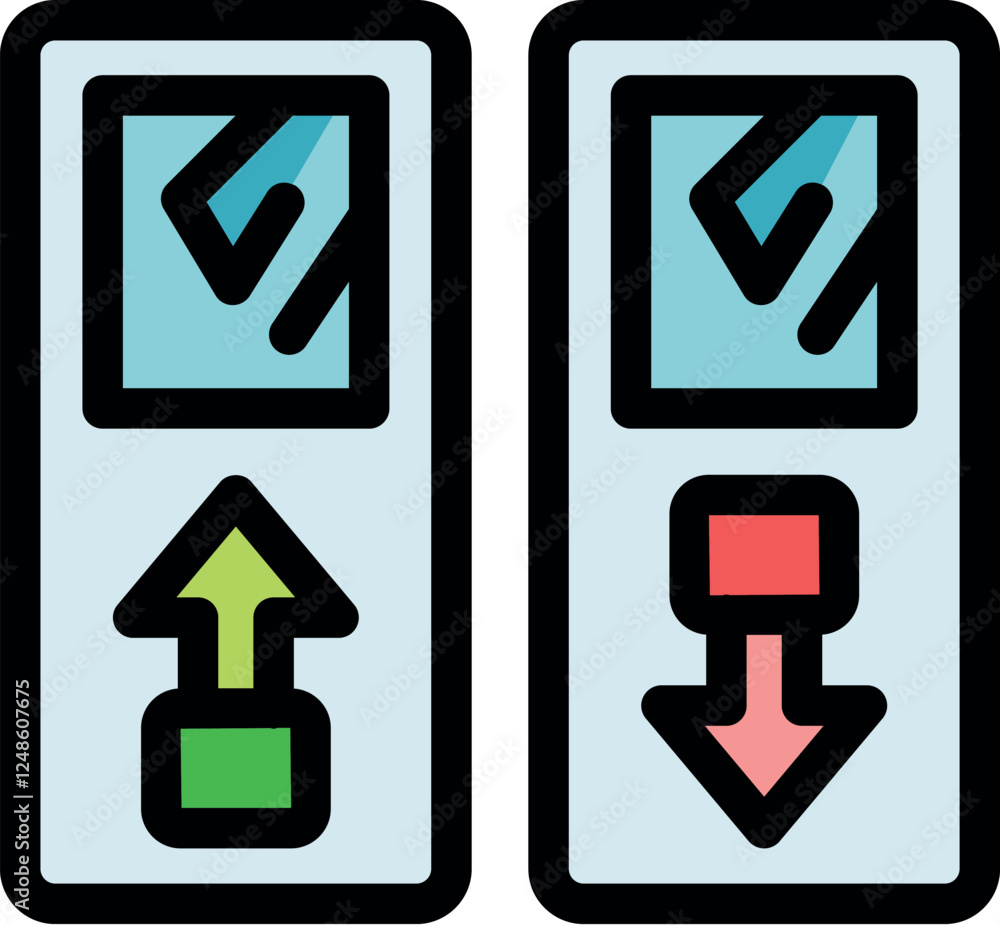 Poster elevator control panel with up and down arrows indicating floor direction