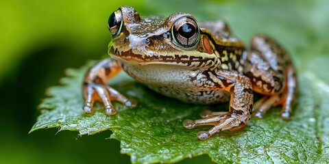 Obraz premium Cute Frog Sitting on Green Leaf and Looking at the Camera with Bright Eyes, Perfect for Nature and Animal Photography Enthusiasts