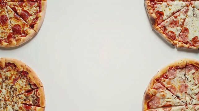 Various pizzas with different toppings arranged on a clean surface during a casual gathering