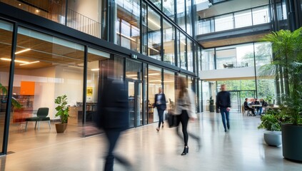 A blurry image of people in a room with hanging ceiling lights