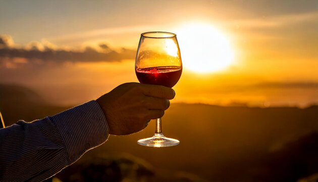 Mano sosteniendo una copa de vino tinto y brindando al sol
