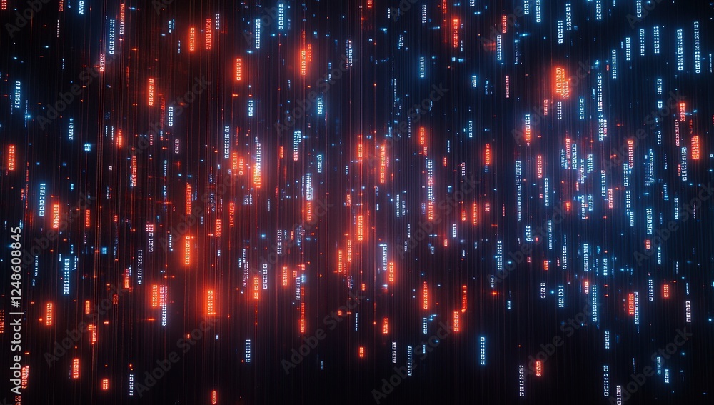 Poster digital data streams flowing dynamically in vivid red and blue hues