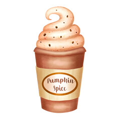 Coffee Latte Cappuccino Illustration with Whipped Cream. Fall sweet dessert drink hand drawn illustration, png clipart. Design for card, poster, web. 