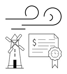 Windmill, contract with dollar sign and seal, and wind lines. Ideal for themes of renewable energy, eco-friendly investment, certification, financial agreement, sustainability, green technology