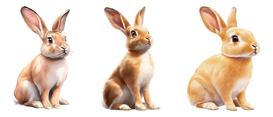 Fototapeta premium Three adorable rabbits with soft, reddish brown fur sitting side by side, Isolated on White Background Cutout
