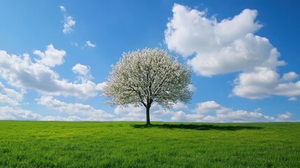 Obraz premium Spring tree meadow; sunny sky, clouds. Peaceful nature scene, ideal for calendars